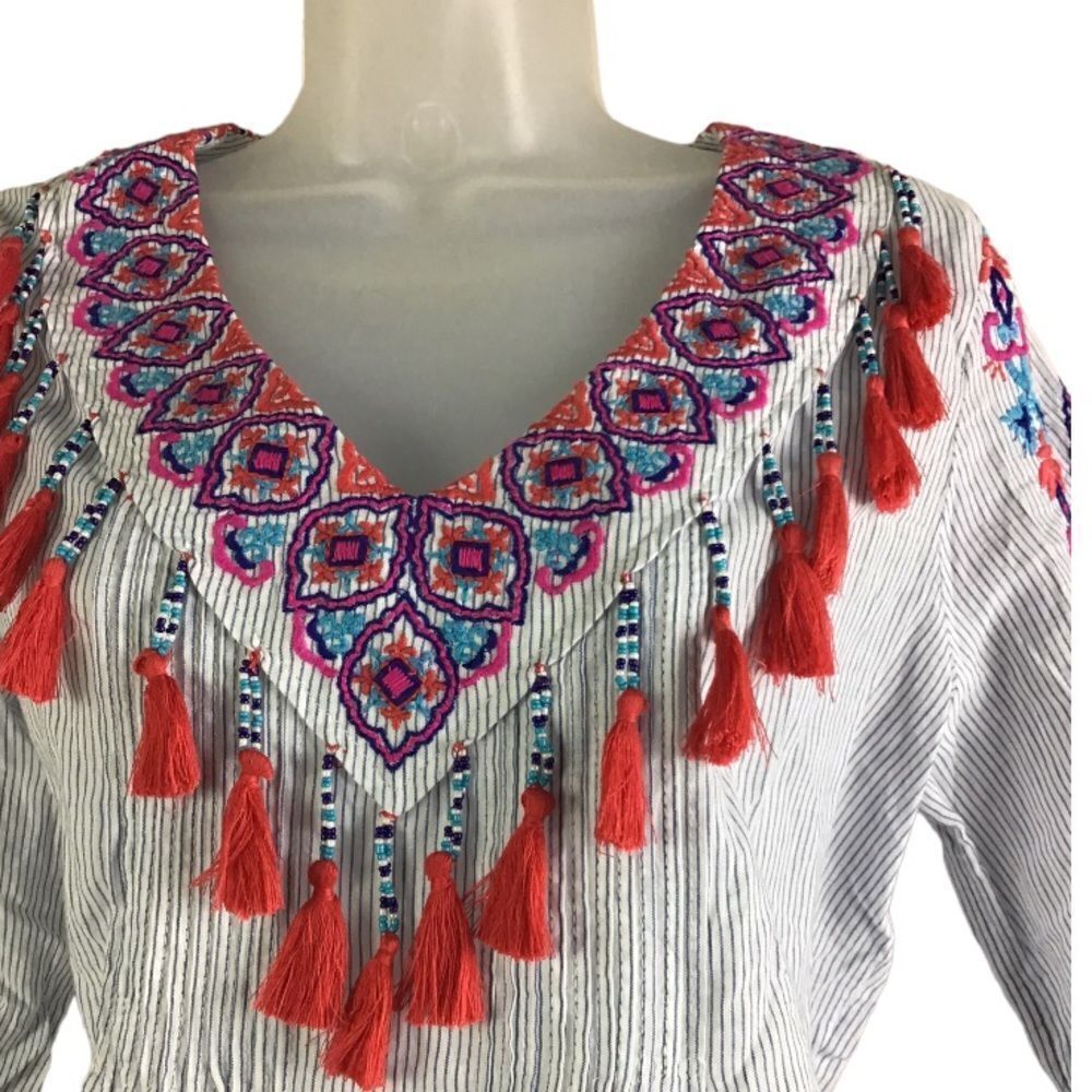 Chico's Embroidered Tassel Boho Long Sleeve Blue & White Stripes Petite Top